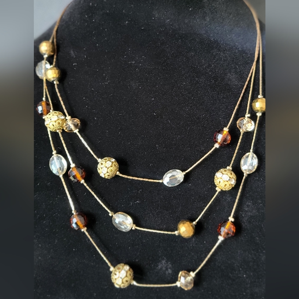 Vintage Faceted Triple Strand  Glass Beads Necklace